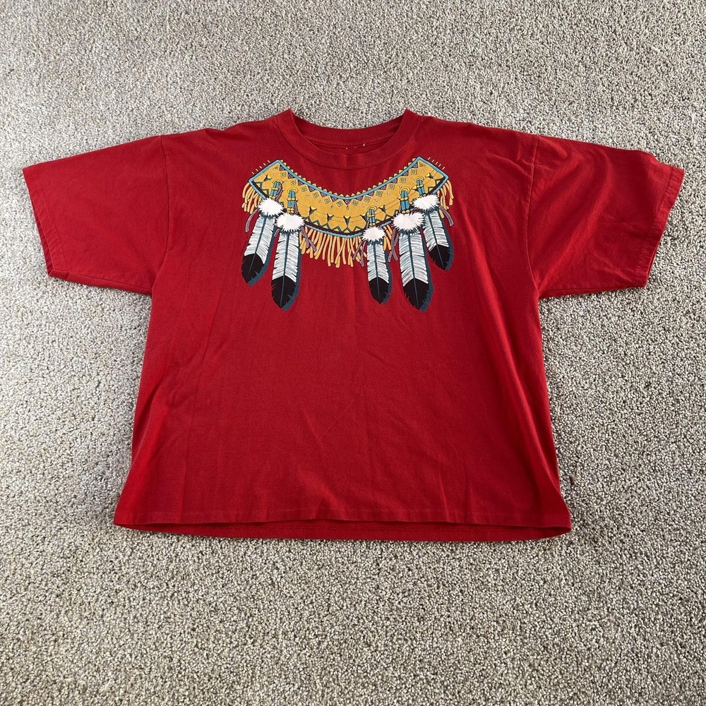 Vintage Native American Feather Necklace Shirt Mens‎ Large Red Western Tee
